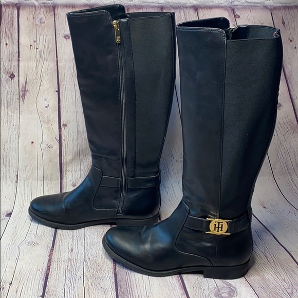 Tommy Hilfiger black calf zip up riding boots logo - Picture 4 of 9